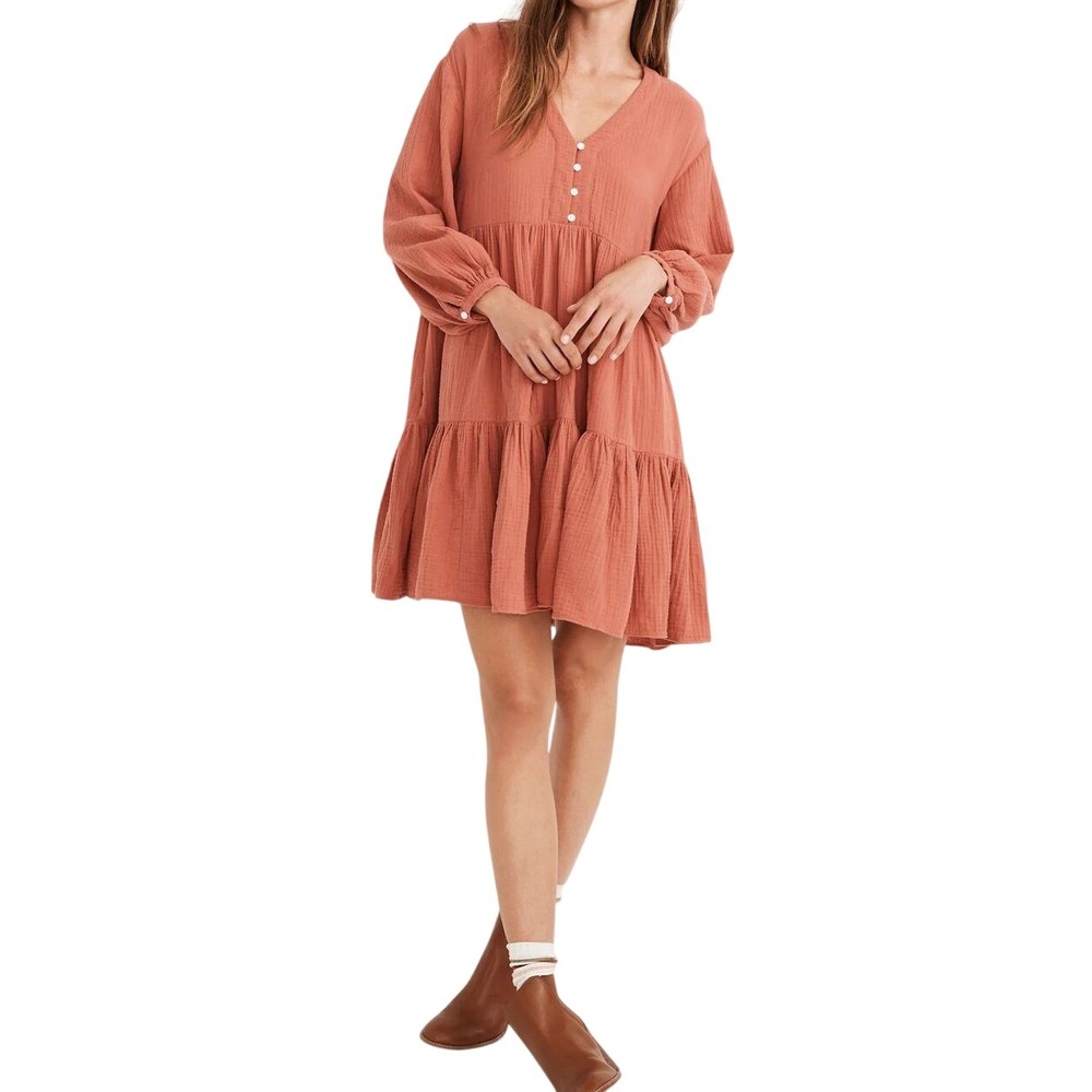 Madewell Lightspun Colette Tiered Mini‎ Dress Size 0 Deep Rose Cottagecore Boho